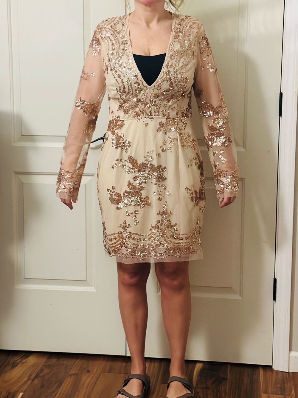 Sequin-Embellished V-Neck Mini Dress in Champagne